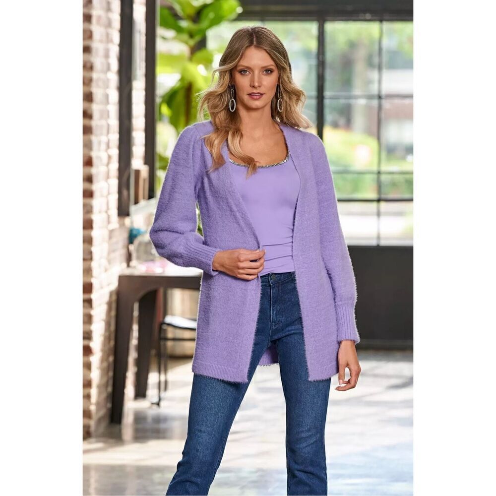 Boston Proper Women’s Plush Balloon Sleeve Cardigan Violet Tulip